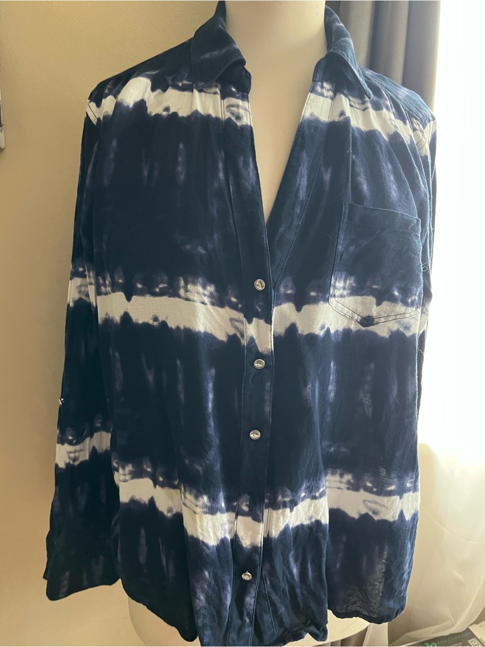 INC International Concepts Navy and White Tie-Dye Button-Down Shirt